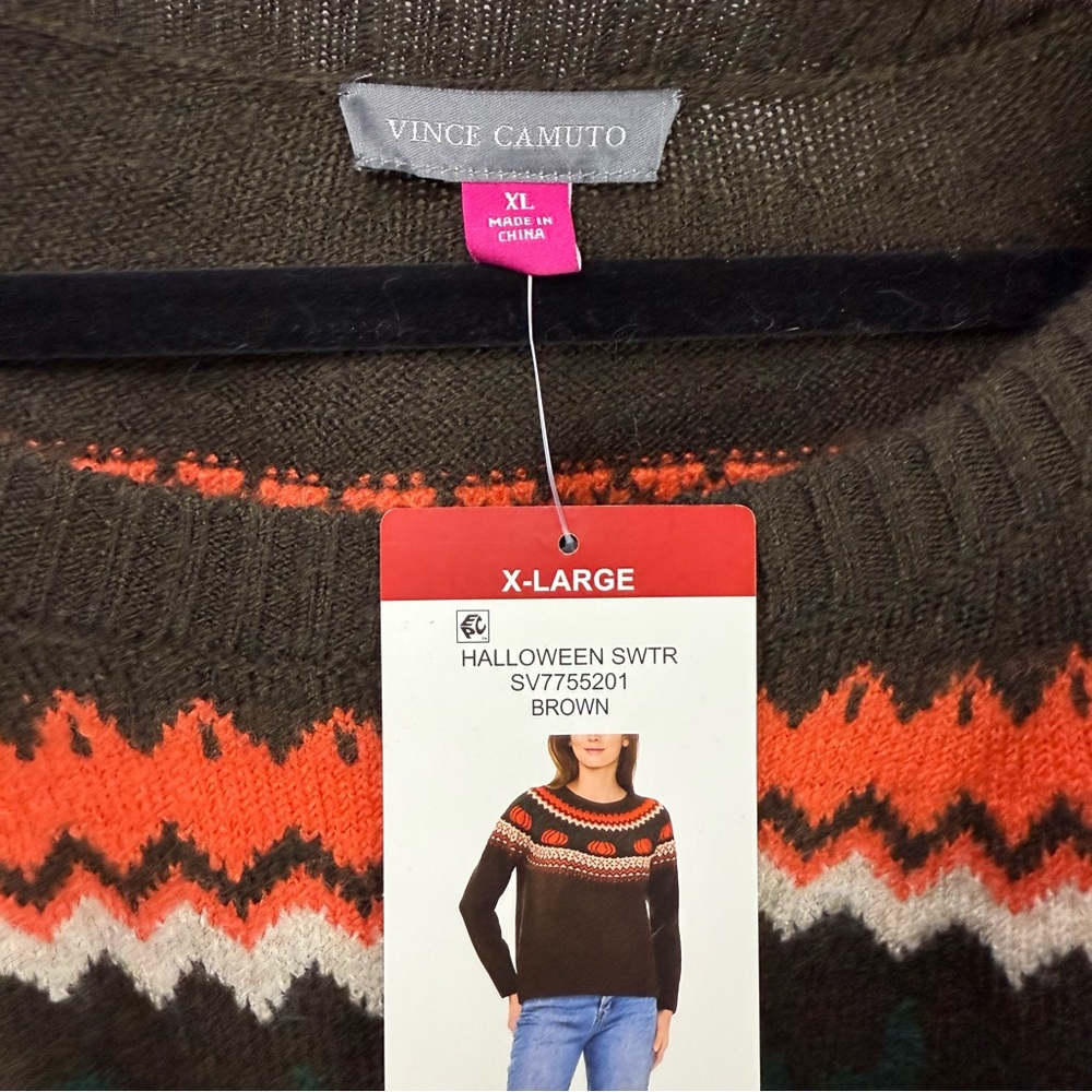NWT Vince Camuto Brown Pumpkin Fall Fair Isle Crew Neck Sweater, size XL - Picture 3 of 8